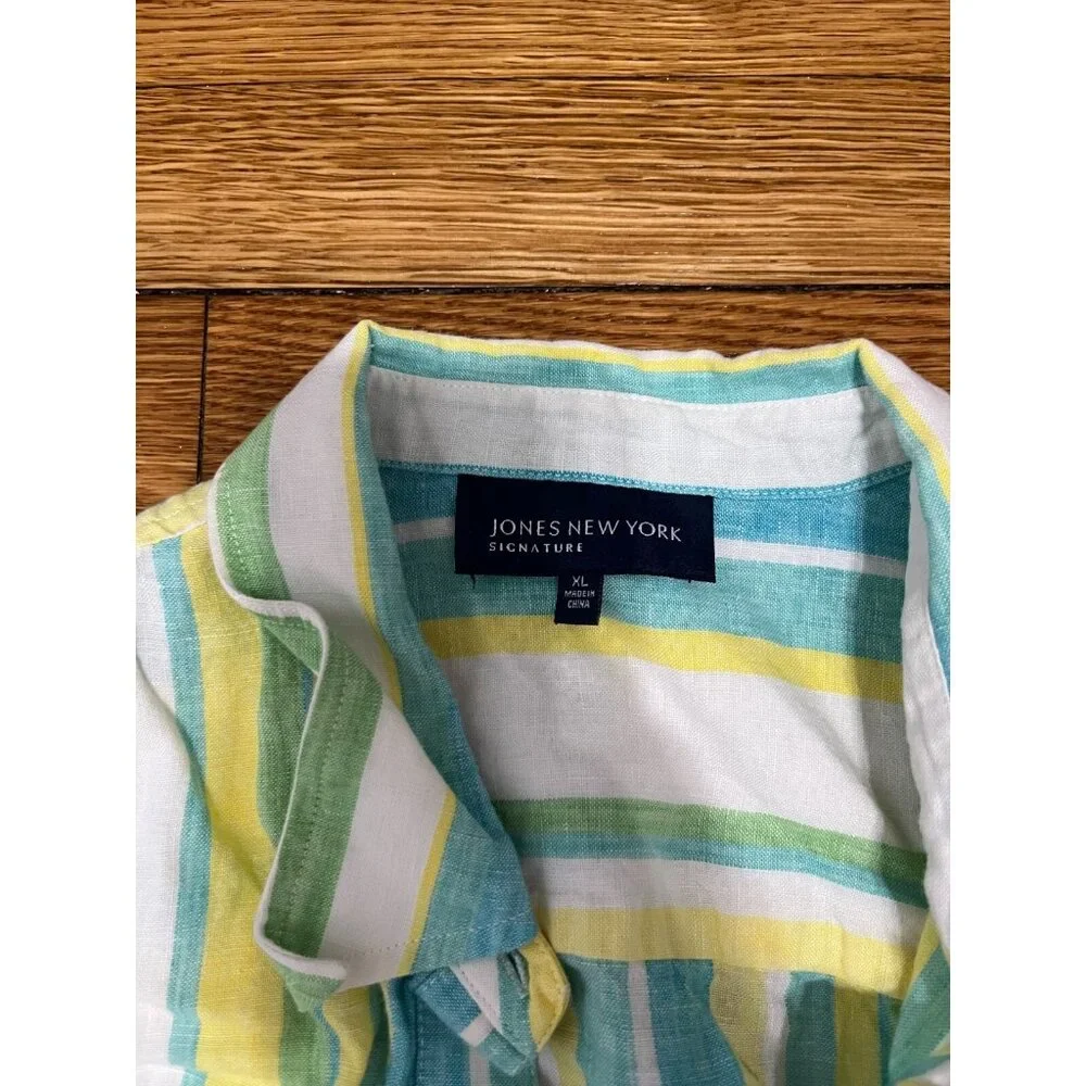 Jones New York Women's Colorful Striped Linen Blouse Size XL Button Front Top - Picture 2 of 4